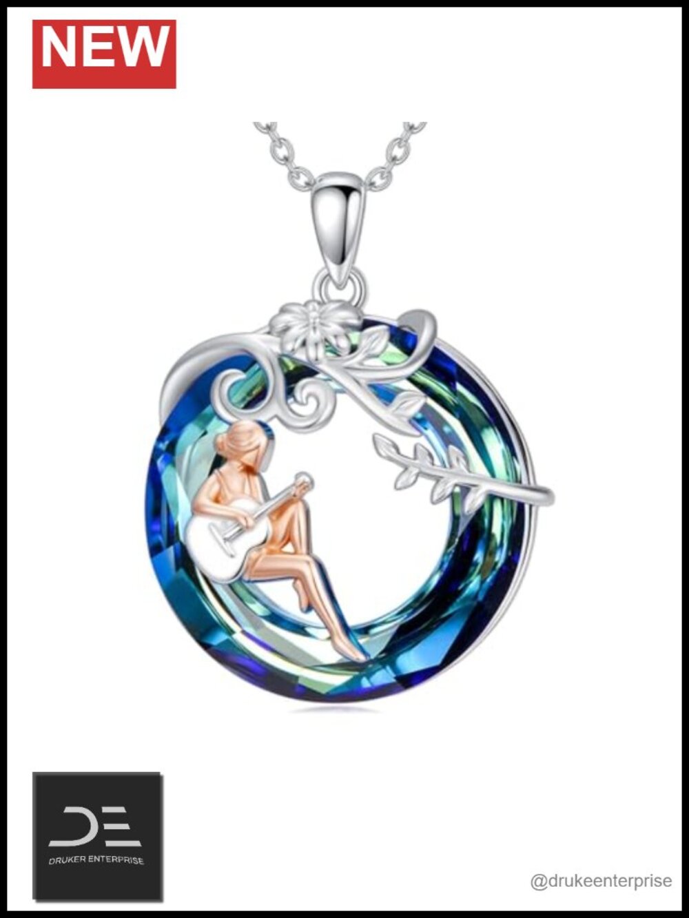 Music Guitar Crystal Pendant Necklace 925 Sterling Silver Adjustable Chain Gift